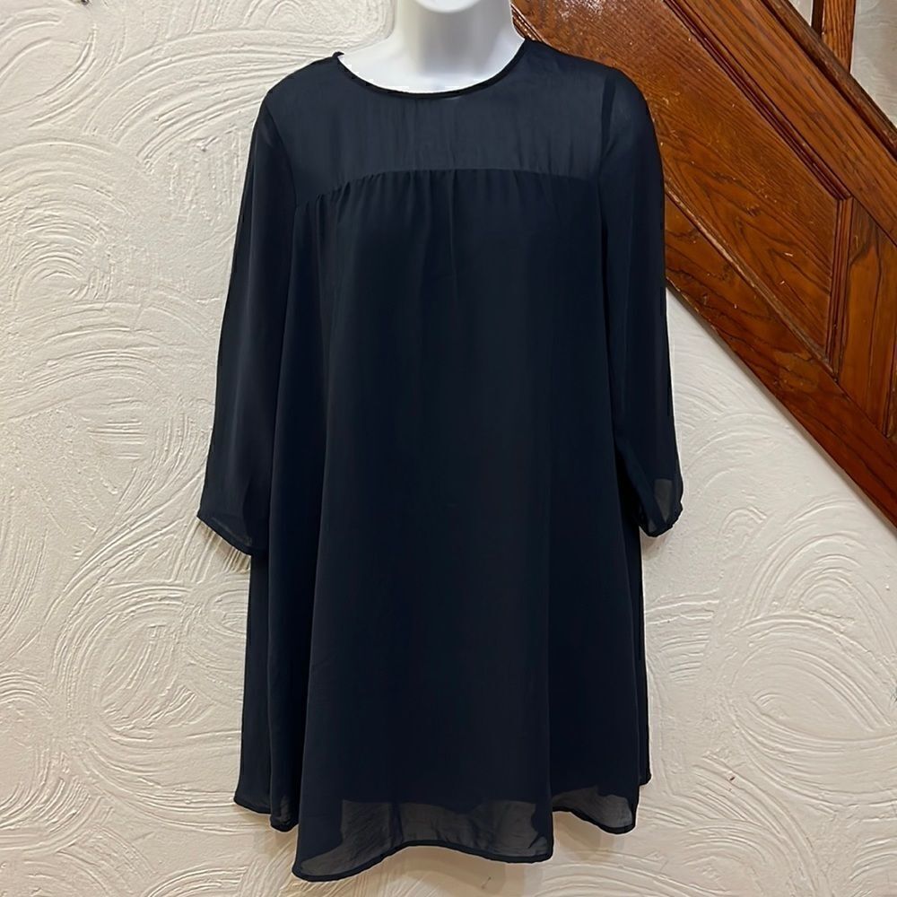 H&M Babydoll Dress Womens Navy Blue Sheer Yoke Long Sleeve Size 4